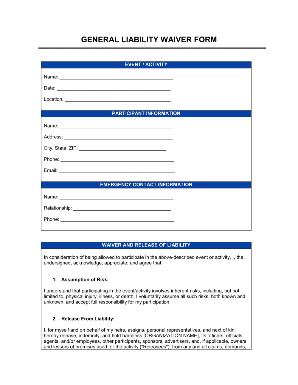 General Liability Waiver Form Template General Liability Waiver Form Template