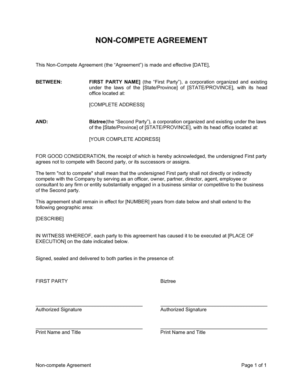 General Non Compete Agreement Template General Non Compete Agreement Template