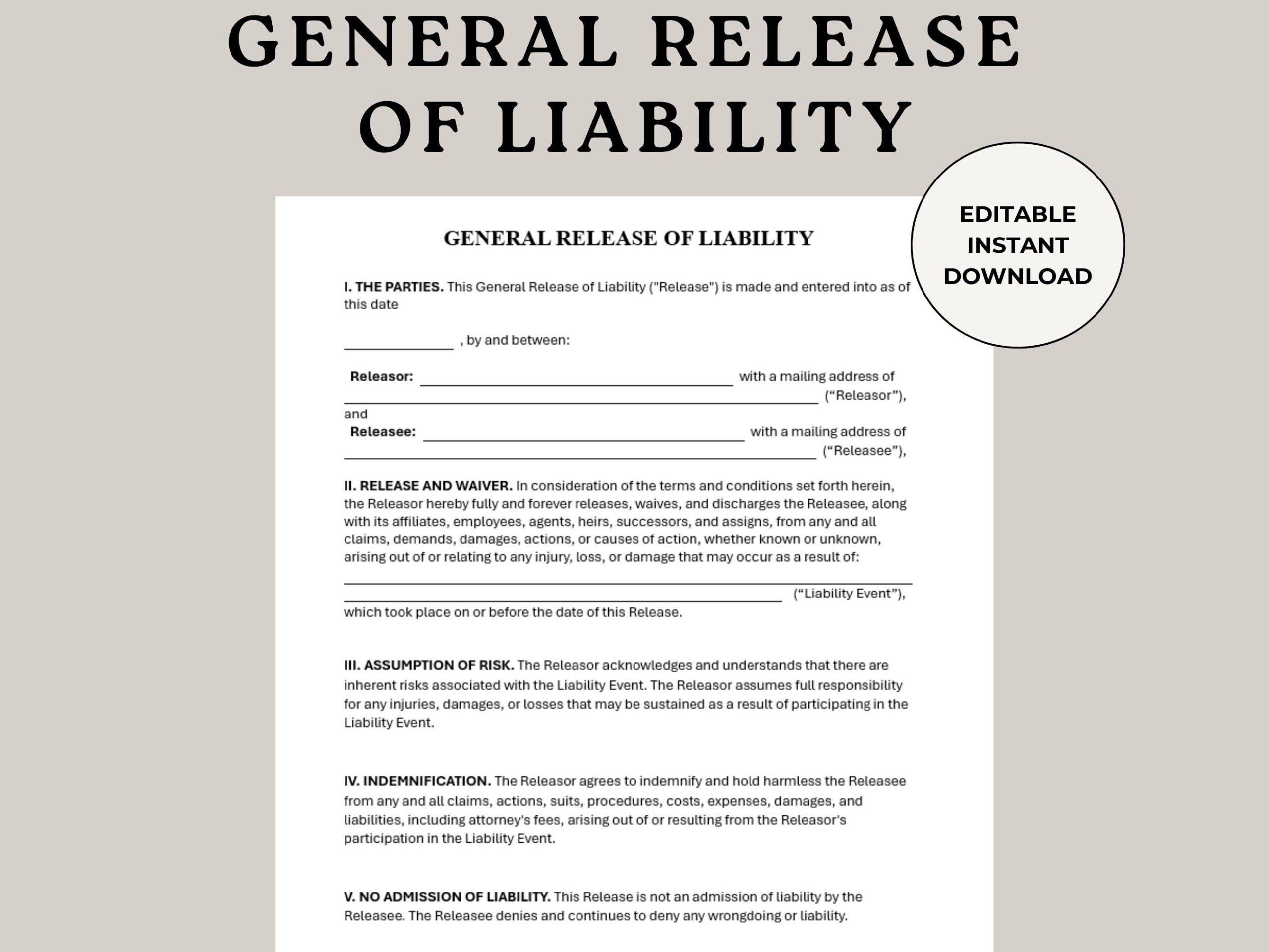 General Release Of Liability Form Editable Template digital Download Etsy General Release Of Liability Form Editable Template digital Download Etsy