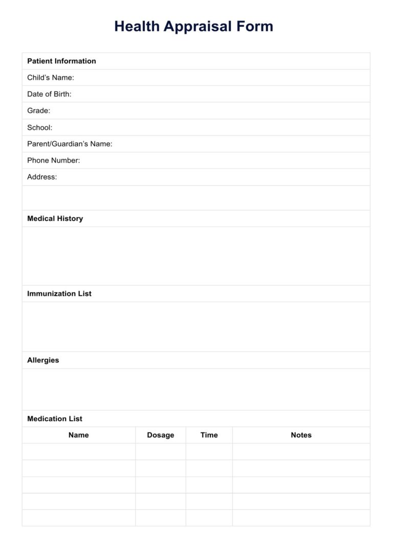 Health Appraisal Form Example Free PDF Download