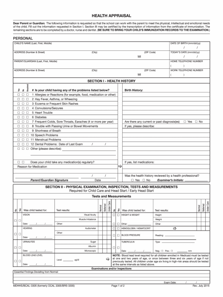 Health Appraisal Form Fill Out Sign Online DocHub
