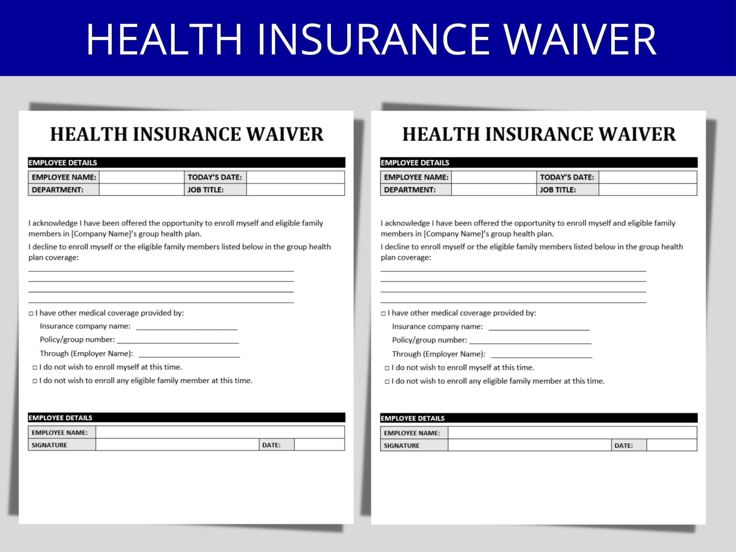 Health Insurance Waiver Opt out Form MS Editable Word Document HR Template Human Resources Form Etsy