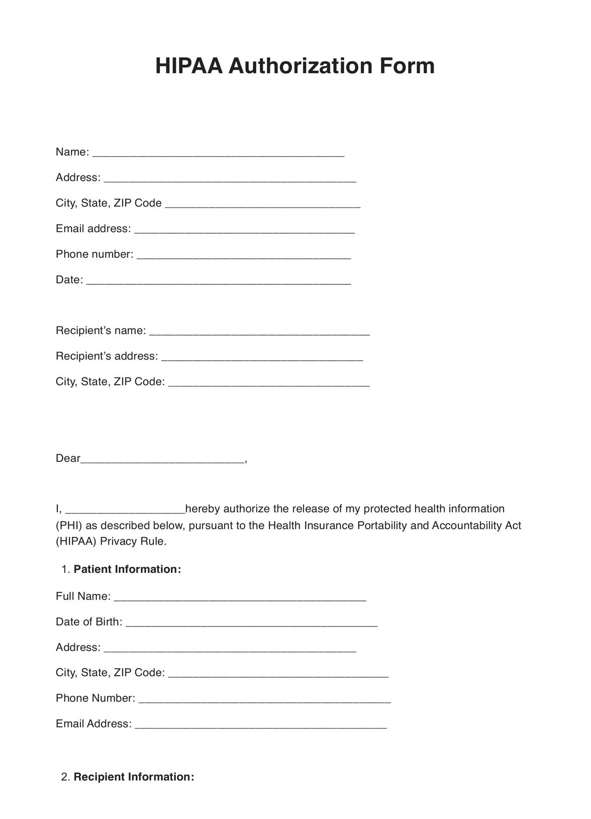 HIPAA Authorization Form Example Free PDF Download
