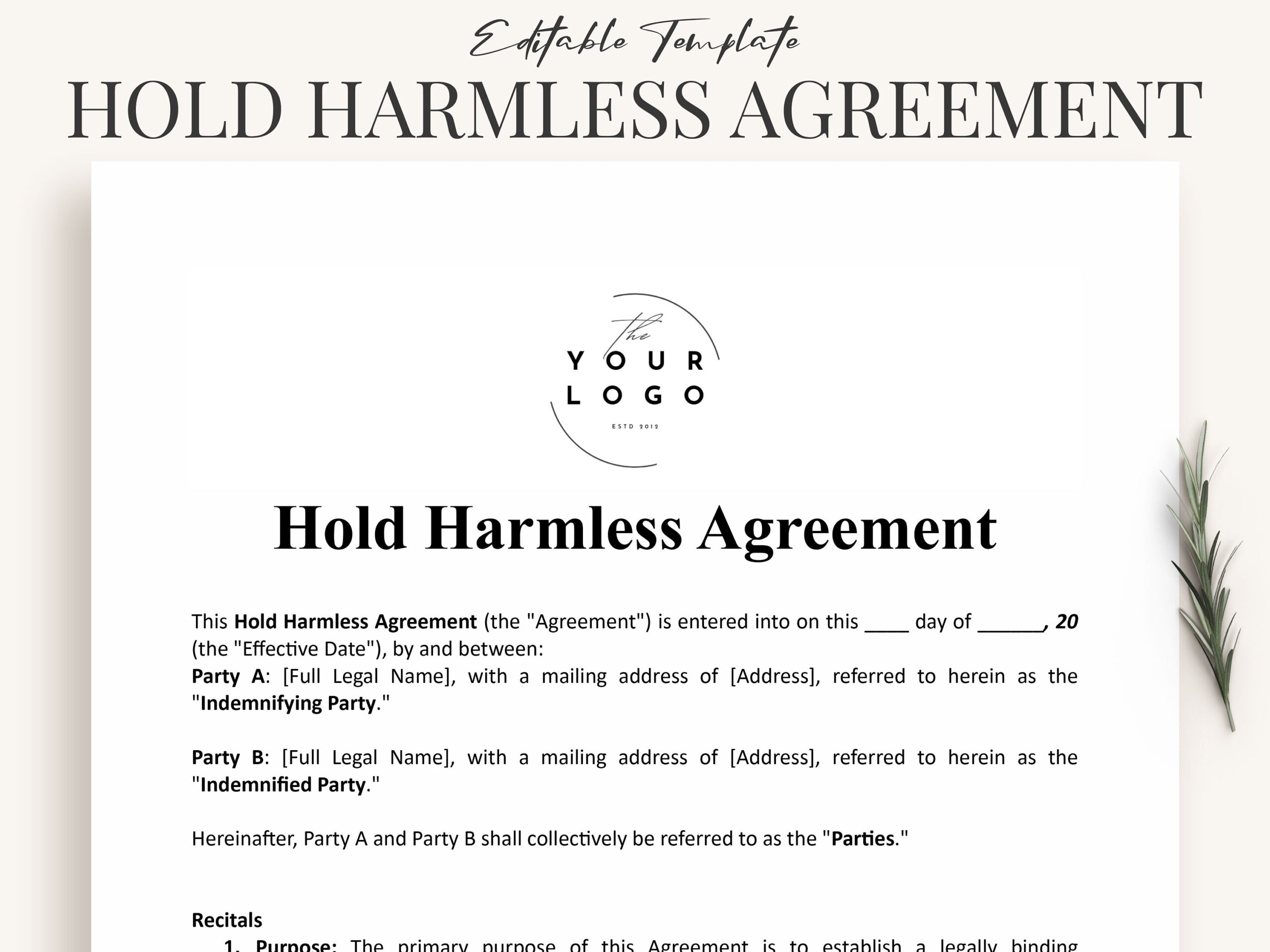 Hold Harmless Agreement Template Word PDF Equine Hold Garmless Contract Template Editable Etsy