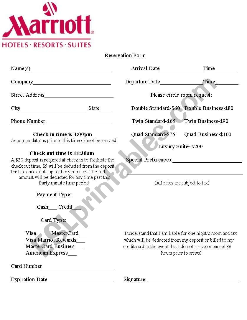 Hotel Reservation Form ESL Worksheet By Korey2keli