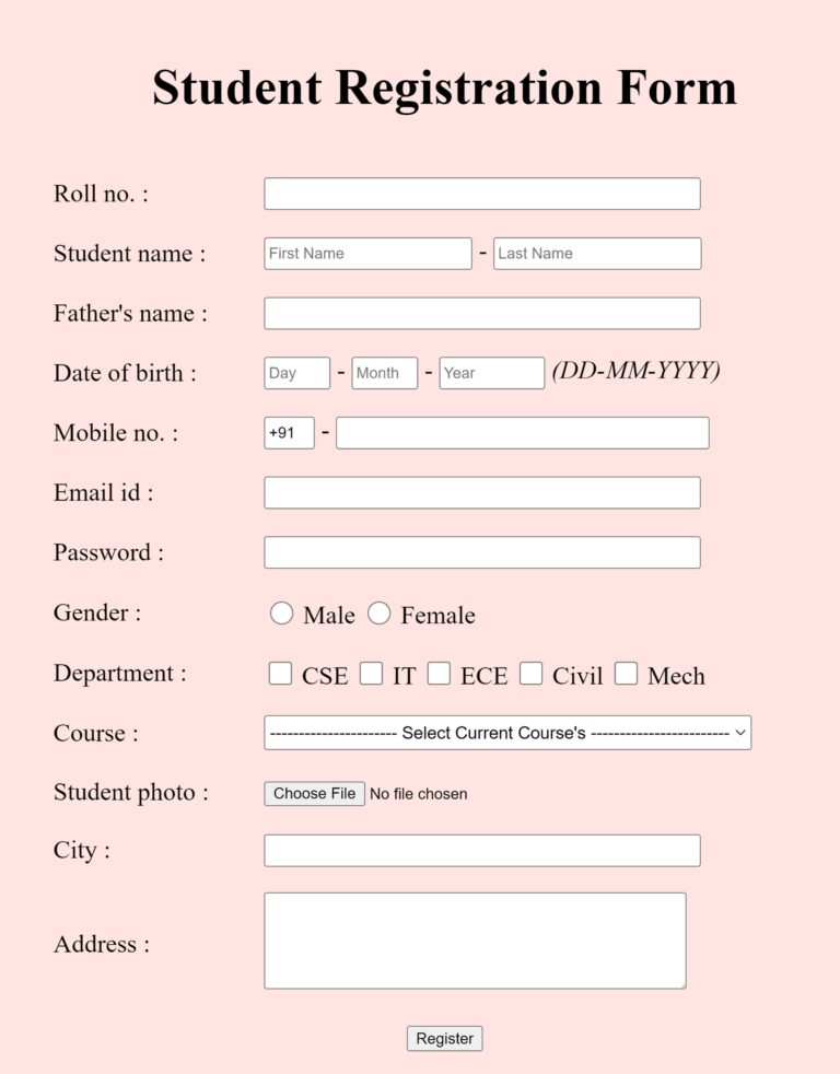 How To Create A Student Registration Form In HTML Code