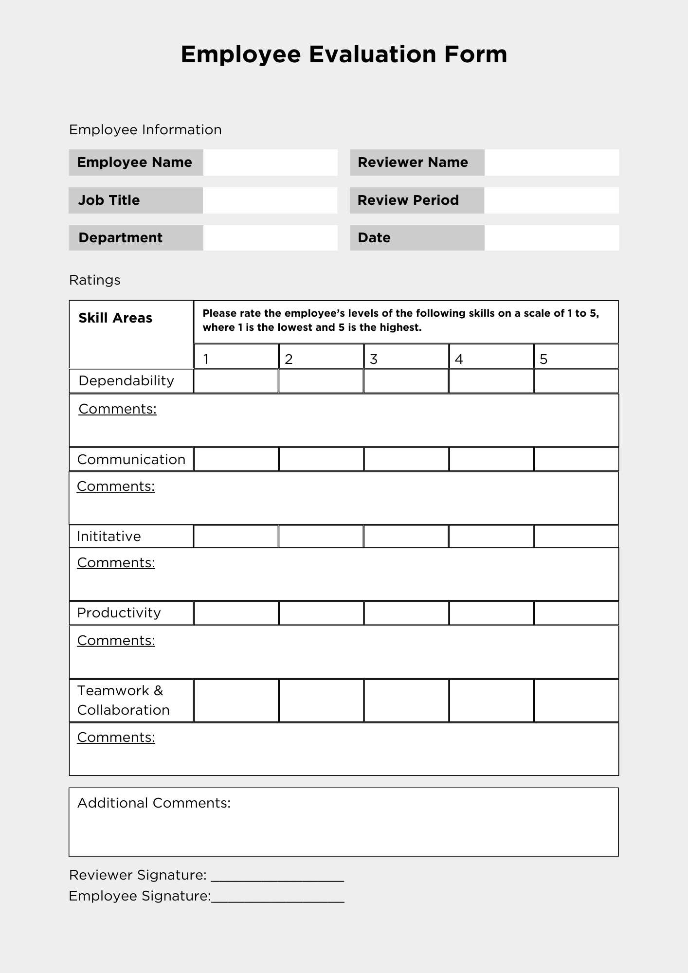 job performance evaluation form