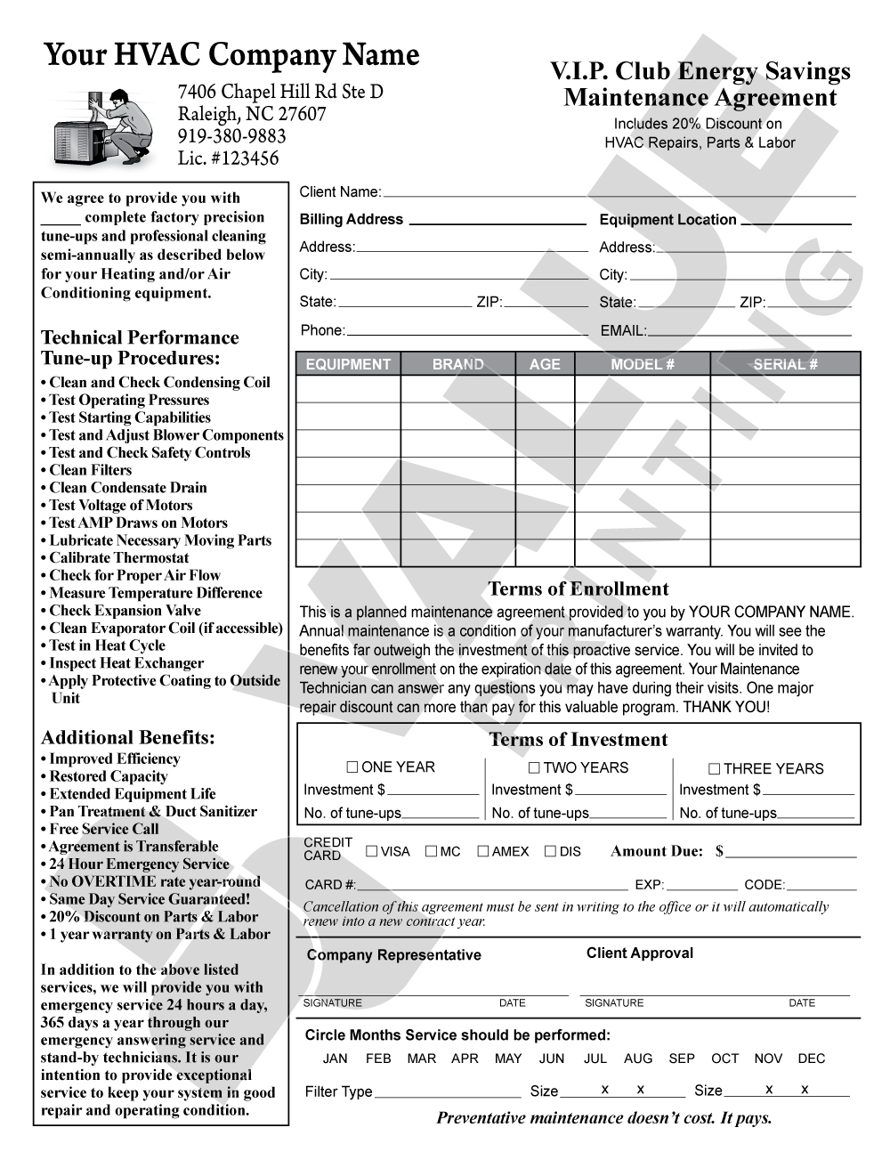 HV 1032 HVAC Service Maintenance Agreement Contract Value Printing