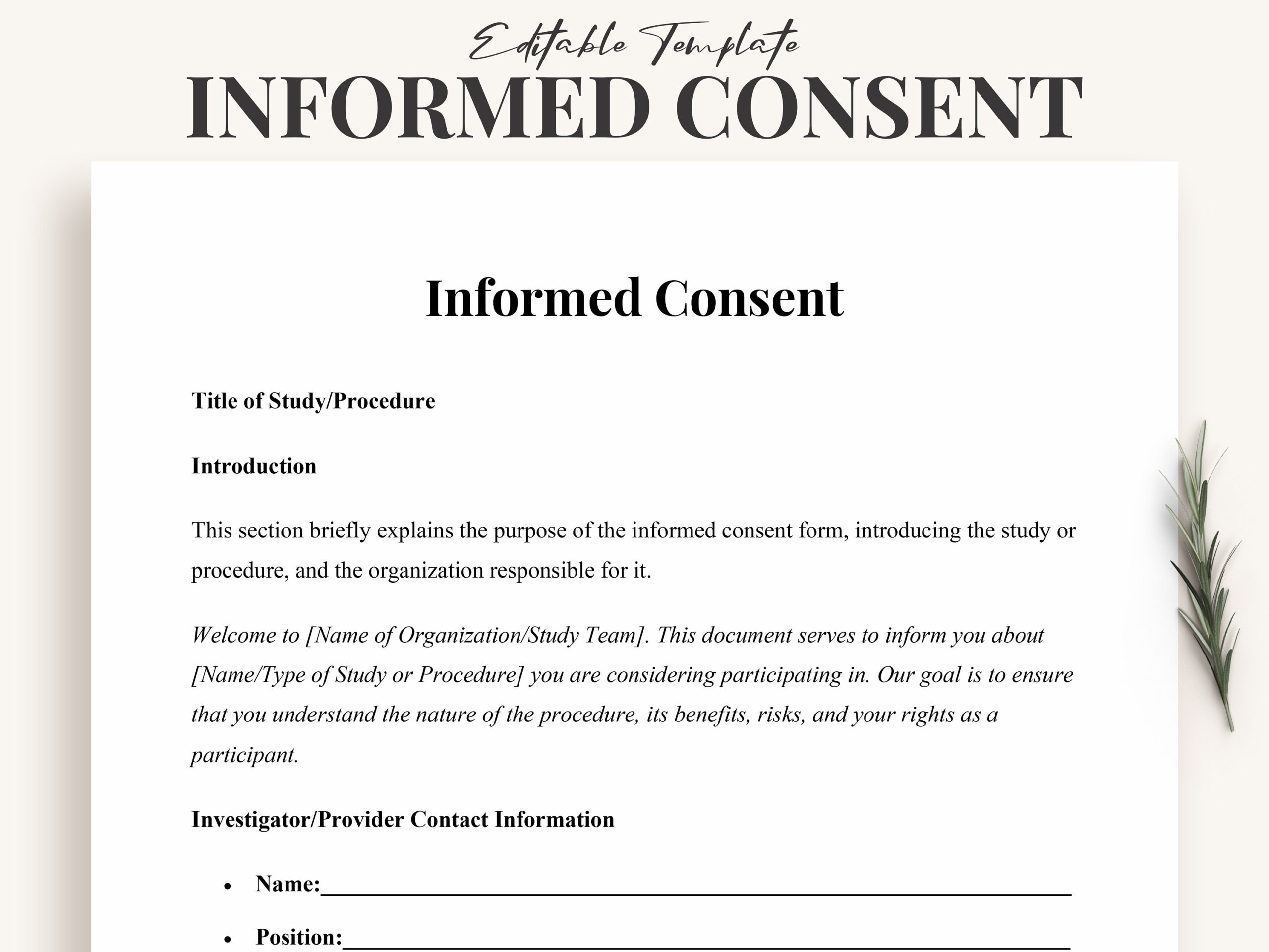 Informed Consent Template For Research And Medical Studies Comprehensive Easy to edit Customizable Consent Form For Participants Etsy