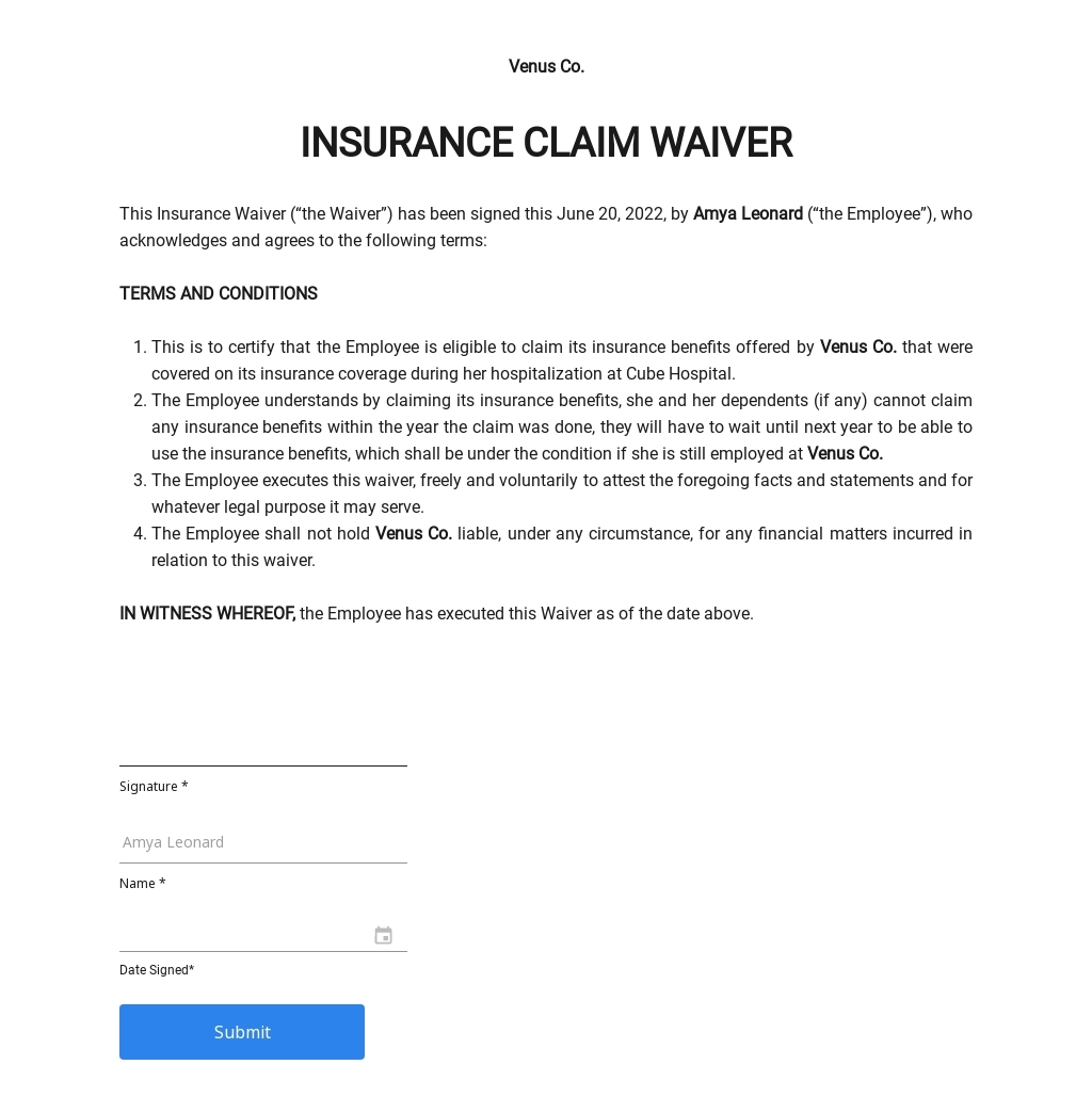 Insurance Claim Waiver Form Template In Word Google Docs Download Template