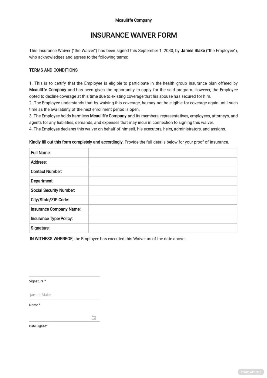 Insurance Waiver Form Template In Word Google Docs Download Template 