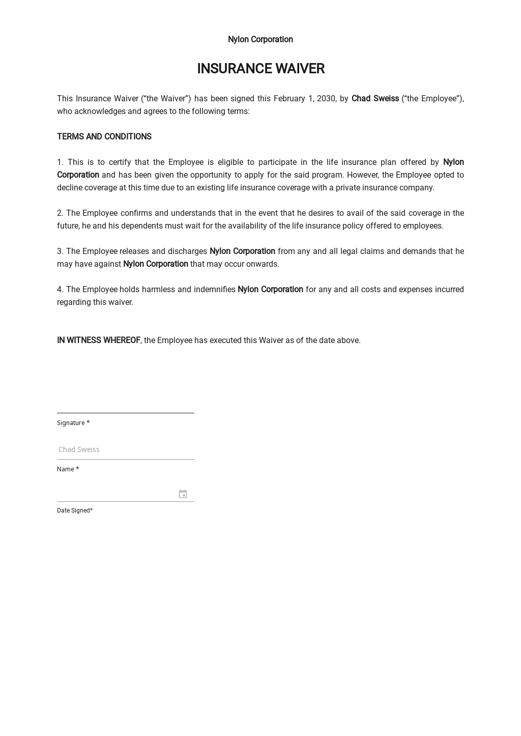 Insurance Waiver Template In Word Google Docs Download Template