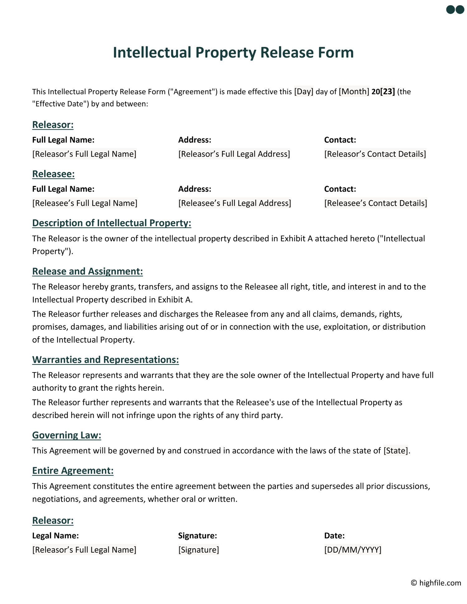 Intellectual Property Release Form Word PDF Google Docs Highfile