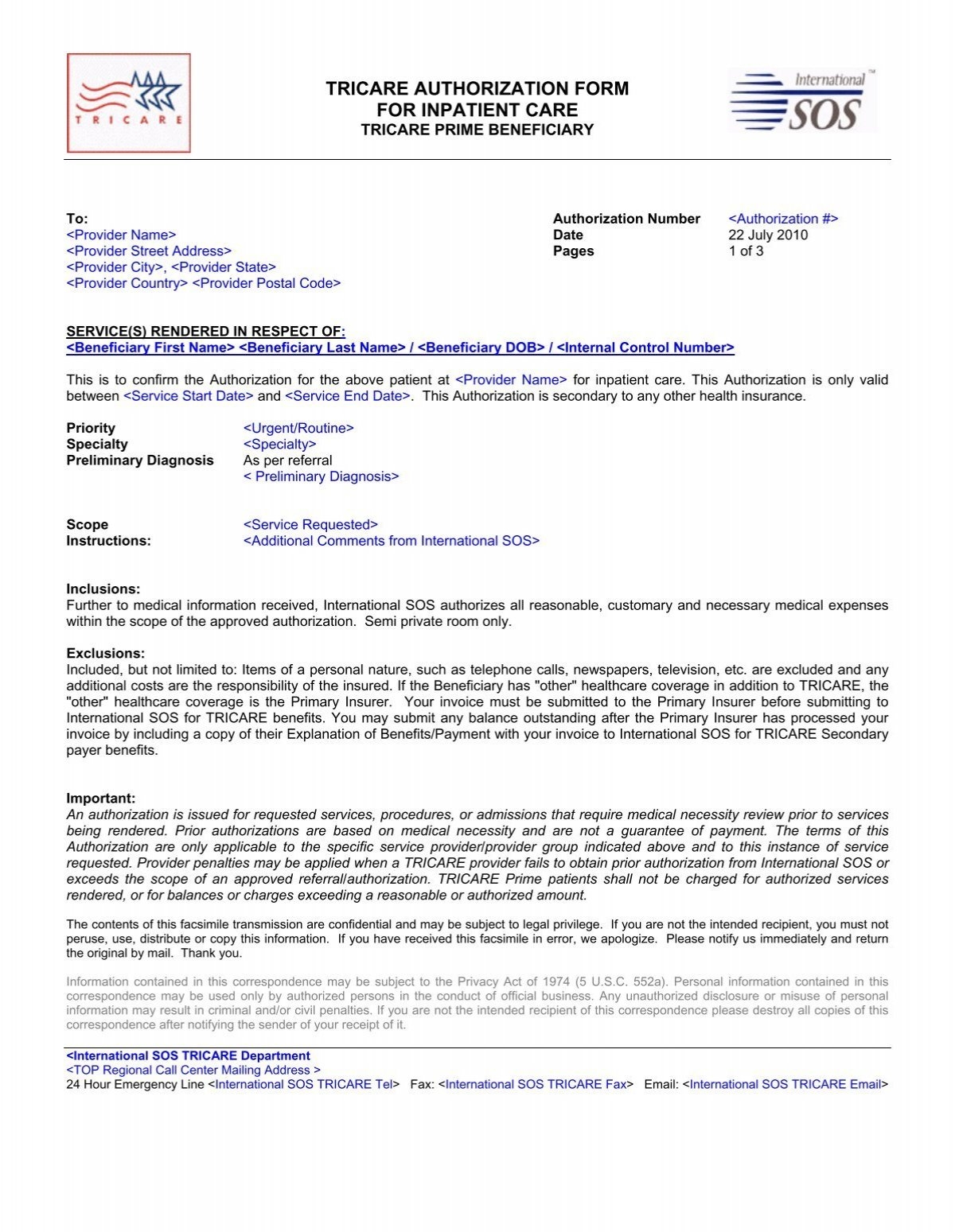 International SOS Authorization Form TRICARE Overseas International SOS Authorization Form TRICARE Overseas