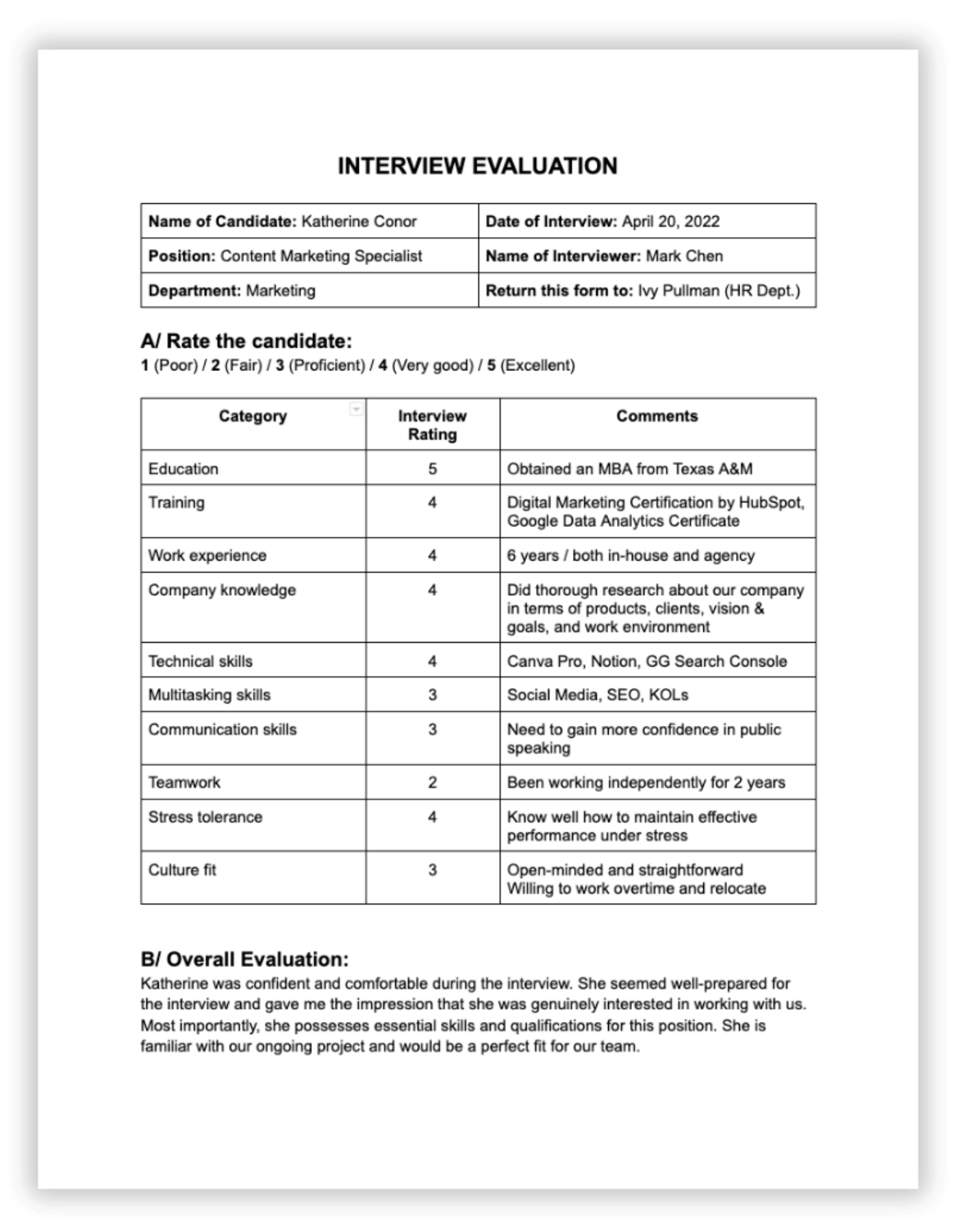 Interview Evaluation Form Guidelines Samples Cake