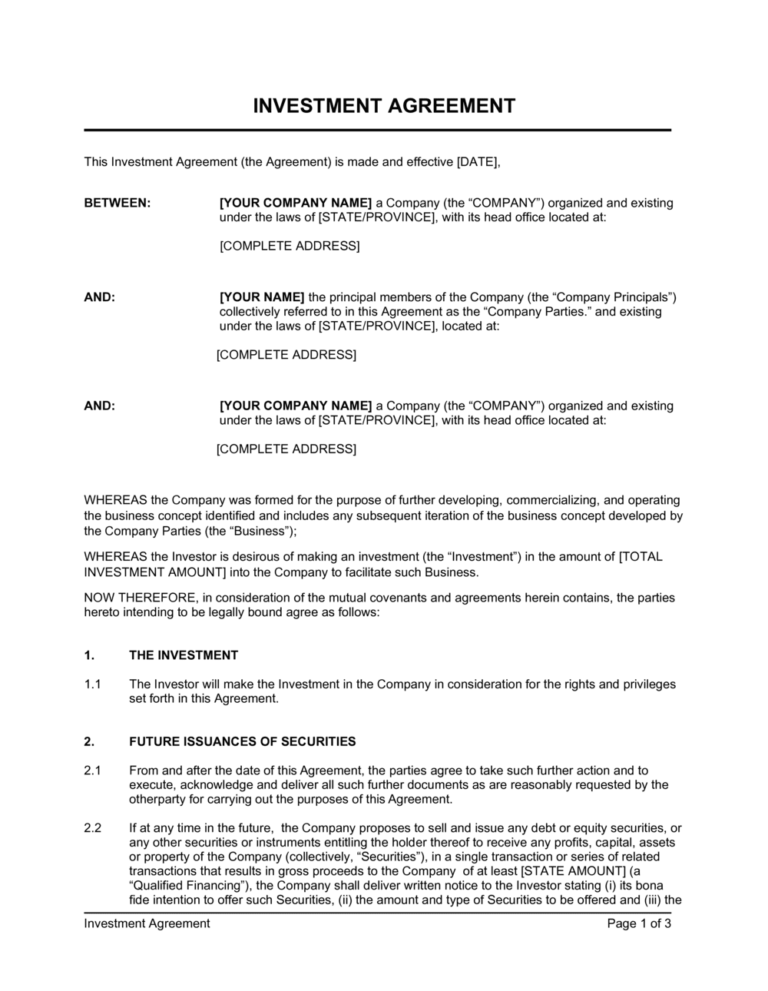 Investment Agreement Template