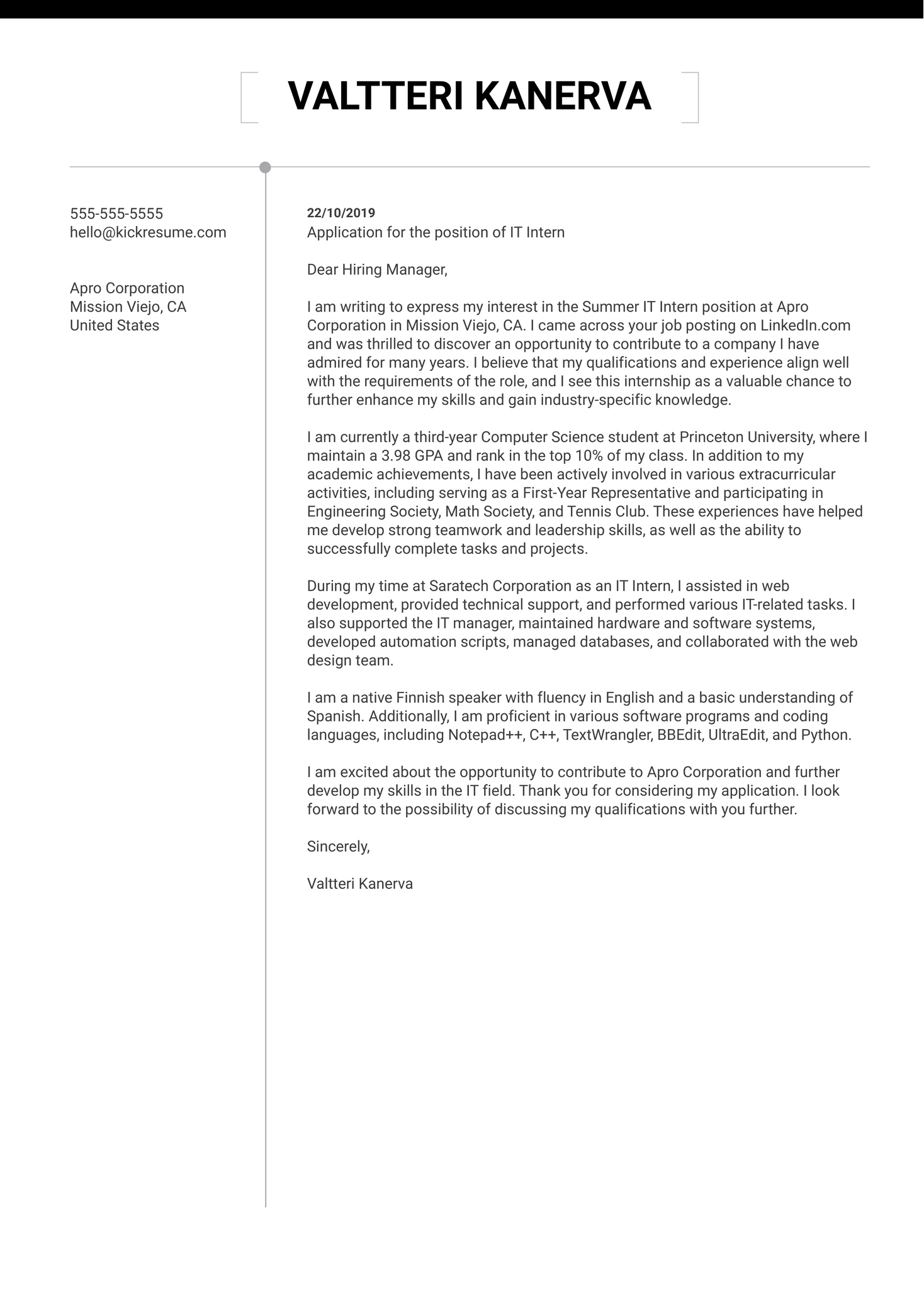 IT Intern Cover Letter Example Kickresume