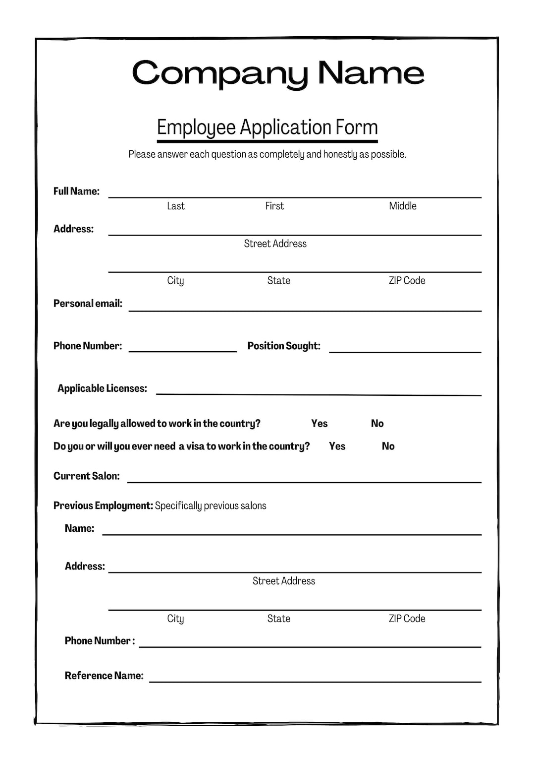 Job Application Form Etsy Job Application Form Etsy