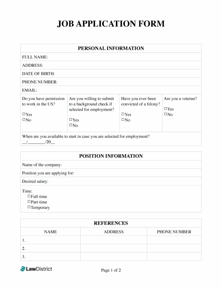 Job Application Form Free Simple PDF Template LawDistrict
