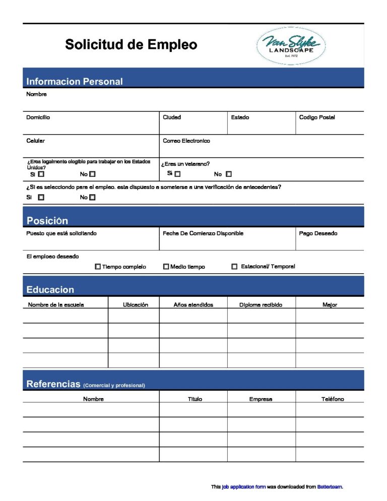 Job application form spanish Van Slyke Landscape Inc Design Worksheets Library