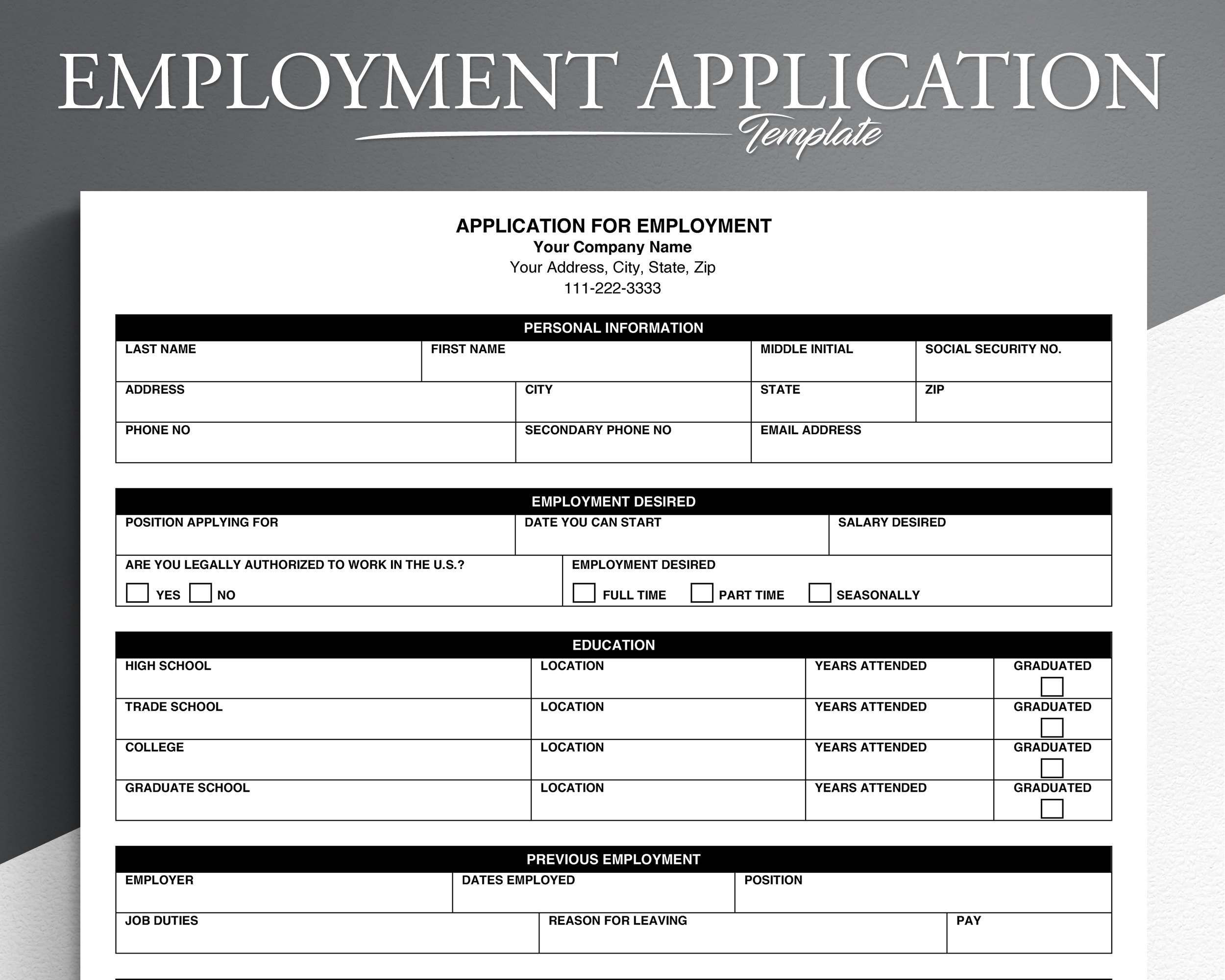 printable job application forms