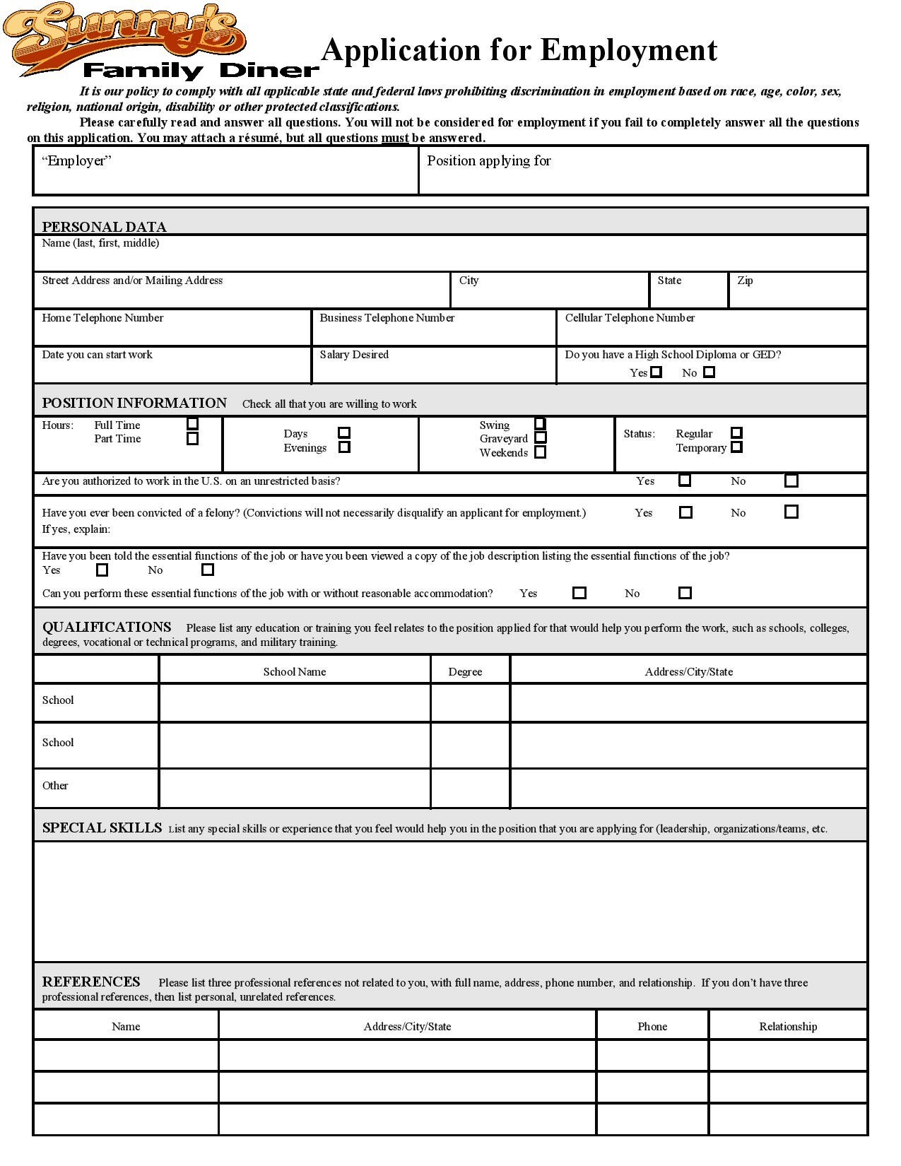 Job Application Sunny s Family Diner