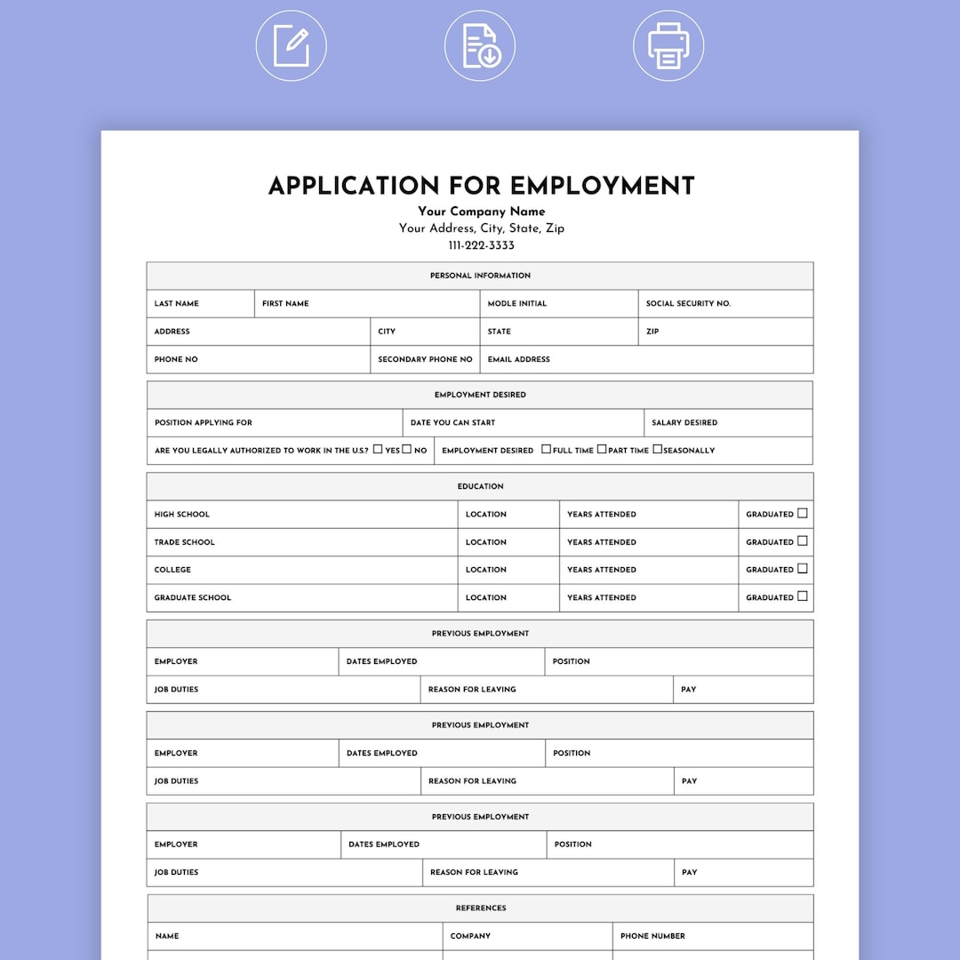 Job Application Template Employment Application Job Application Tracker Application For Employment Editable Blank Job Application Form Etsy