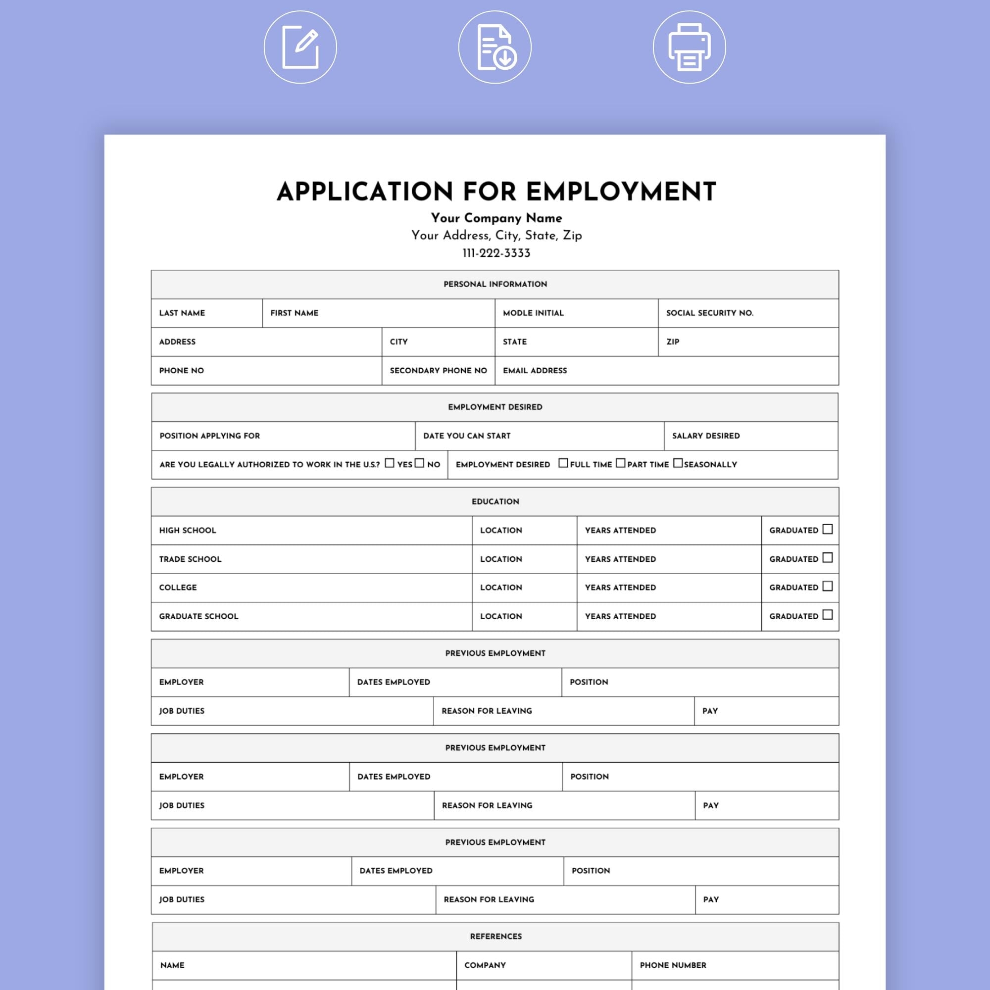 Job Application Template Employment Application Job Application Tracker Application For Employment Editable Blank Job Application Form Etsy