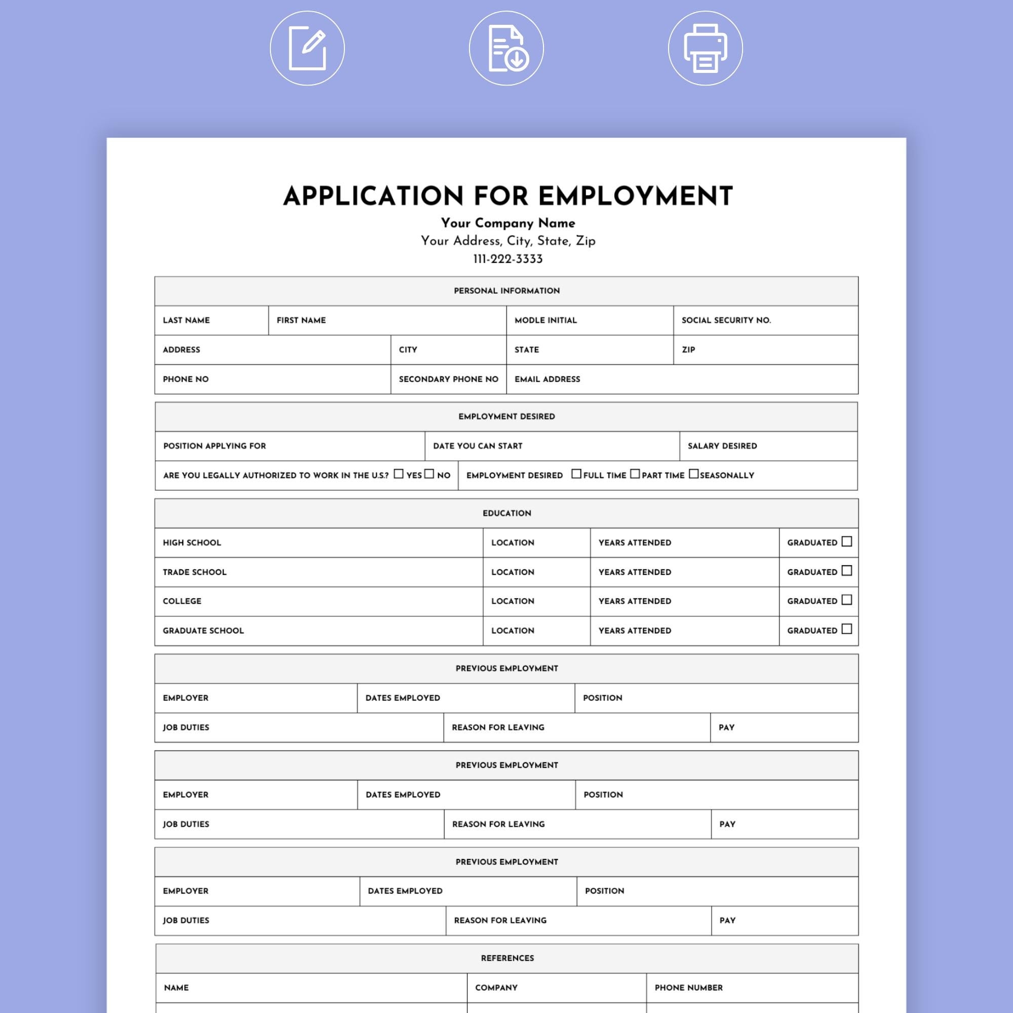 Job Application Template Employment Application Job Application Tracker Application For Employment Editable Blank Job Application Form Etsy