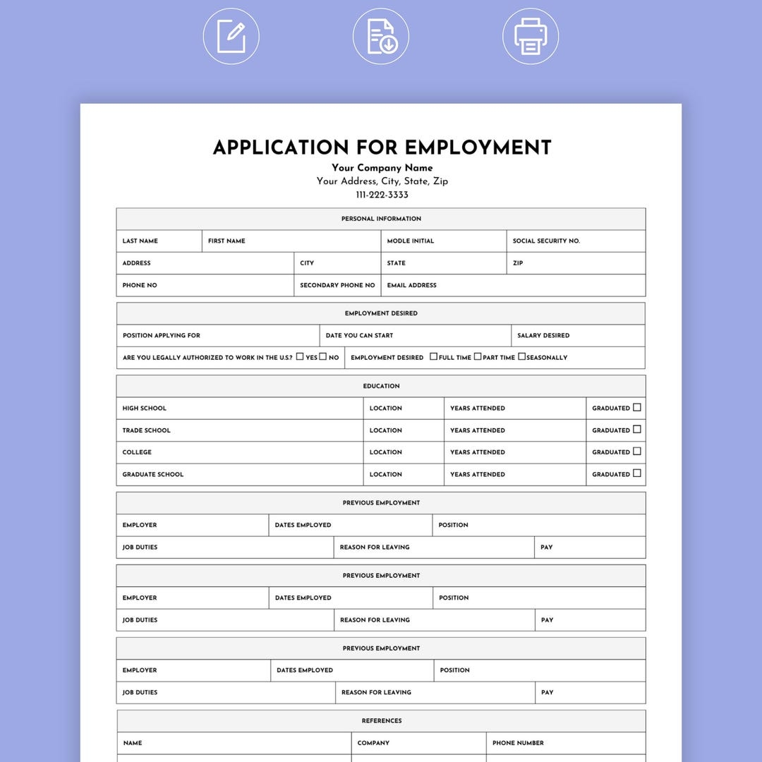 Job Application Template Employment Application Job Application Tracker Application For Employment Editable Blank Job Application Form Etsy