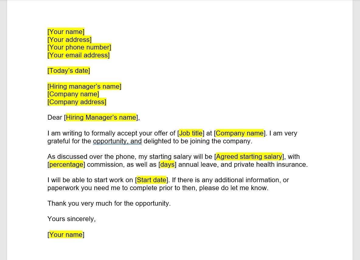 Job Offer Acceptance Letter Job Offer Acceptance Template Letter Job Offer Acceptance Template Word Template Simple Letter Etsy