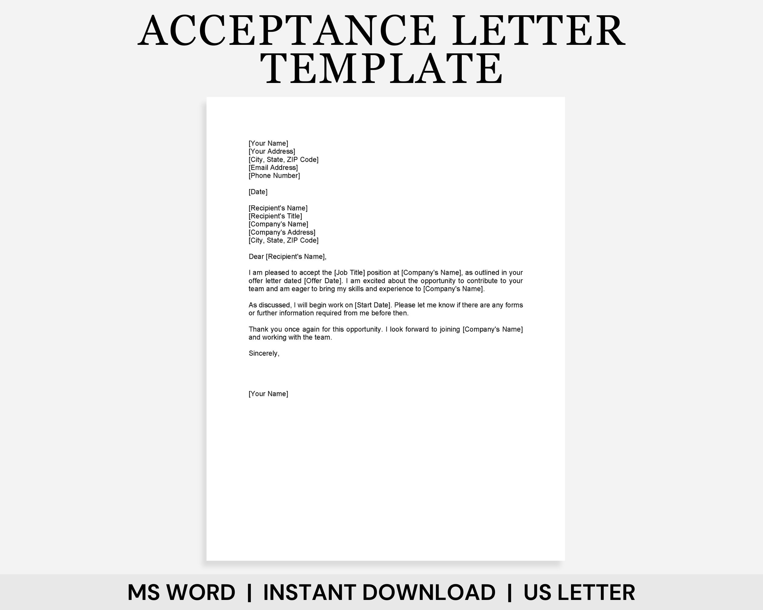Job Offer Acceptance Letter Template Letter Of Acceptance Acceptance Letter Template Job Acceptance Letter Letter Of Offer Job Letter Etsy
