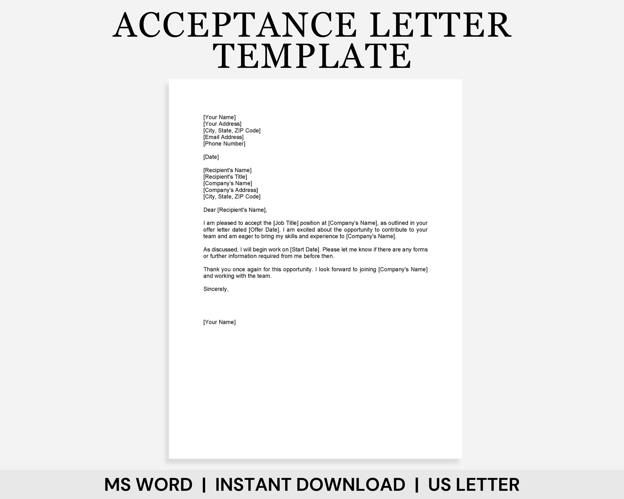 Job Offer Acceptance Letter Template Letter Of Acceptance Acceptance Letter Template Job Acceptance Letter Letter Of Offer Job Letter Etsy