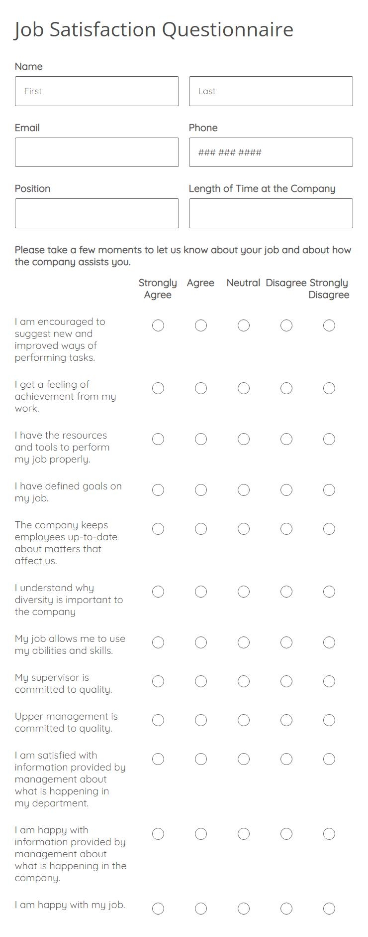 Job Satisfaction Questionnaire Template 123FormBuilder