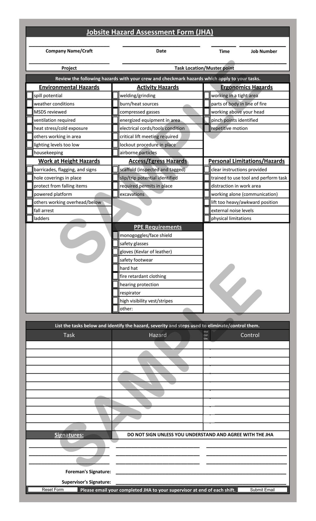 Jobsite Hazard Assessment JHA Form Fillable PDF Etsy