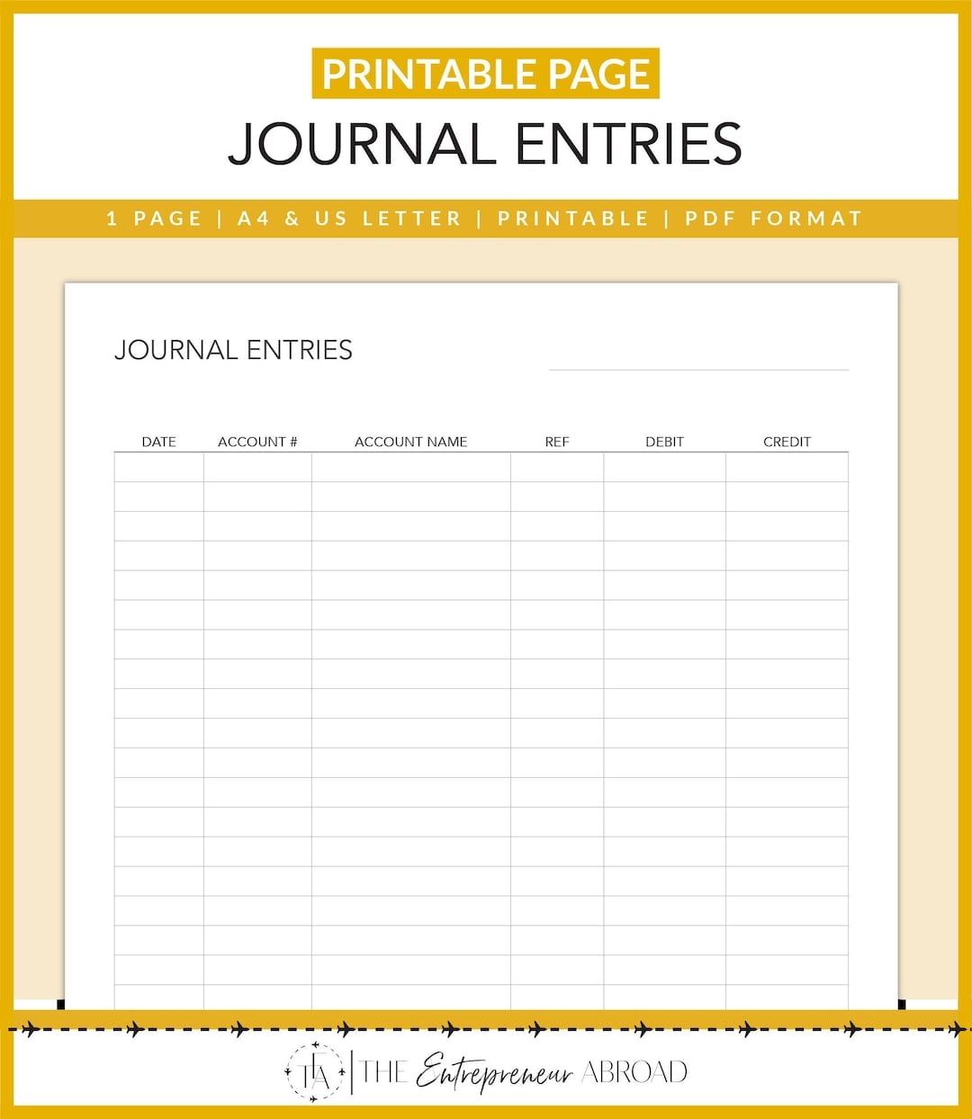 Journal Entry Form Bookkeeping Business Finances Accounting Ledger Small Business Entrepreneurs PDF Printable A4 US Letter Etsy
