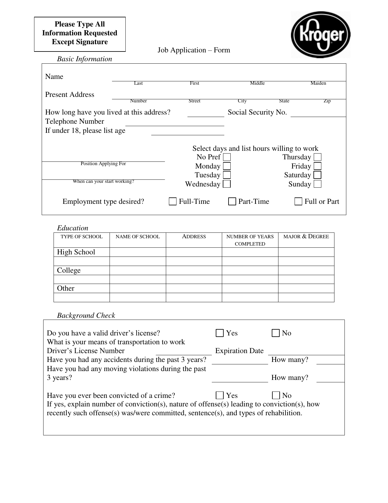 Kroger Application Form Form