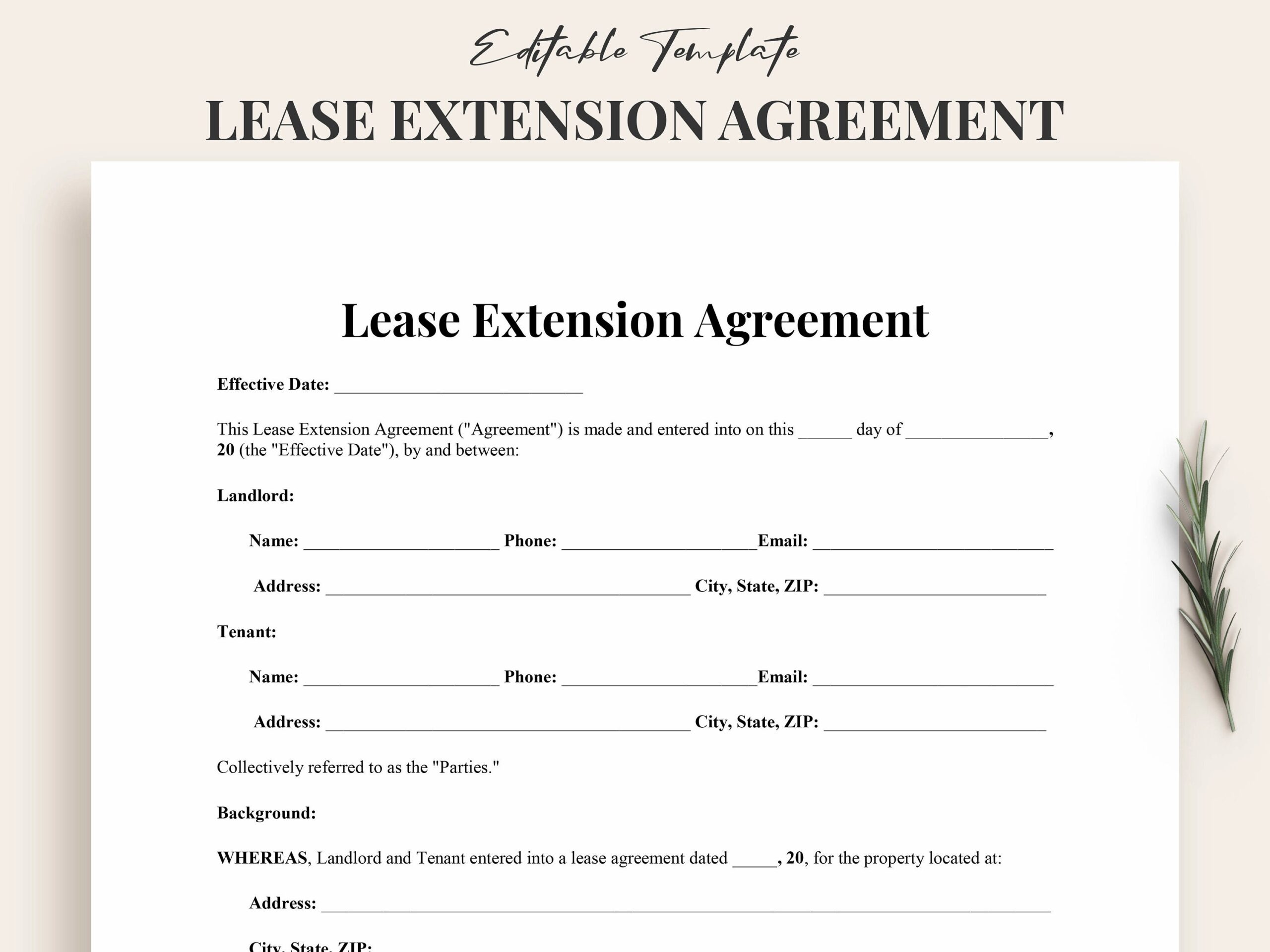 Lease Extension Agreement Template Word PDF Lease Renewal Contract Extend Lease Term Printable Form Instant Download Etsy