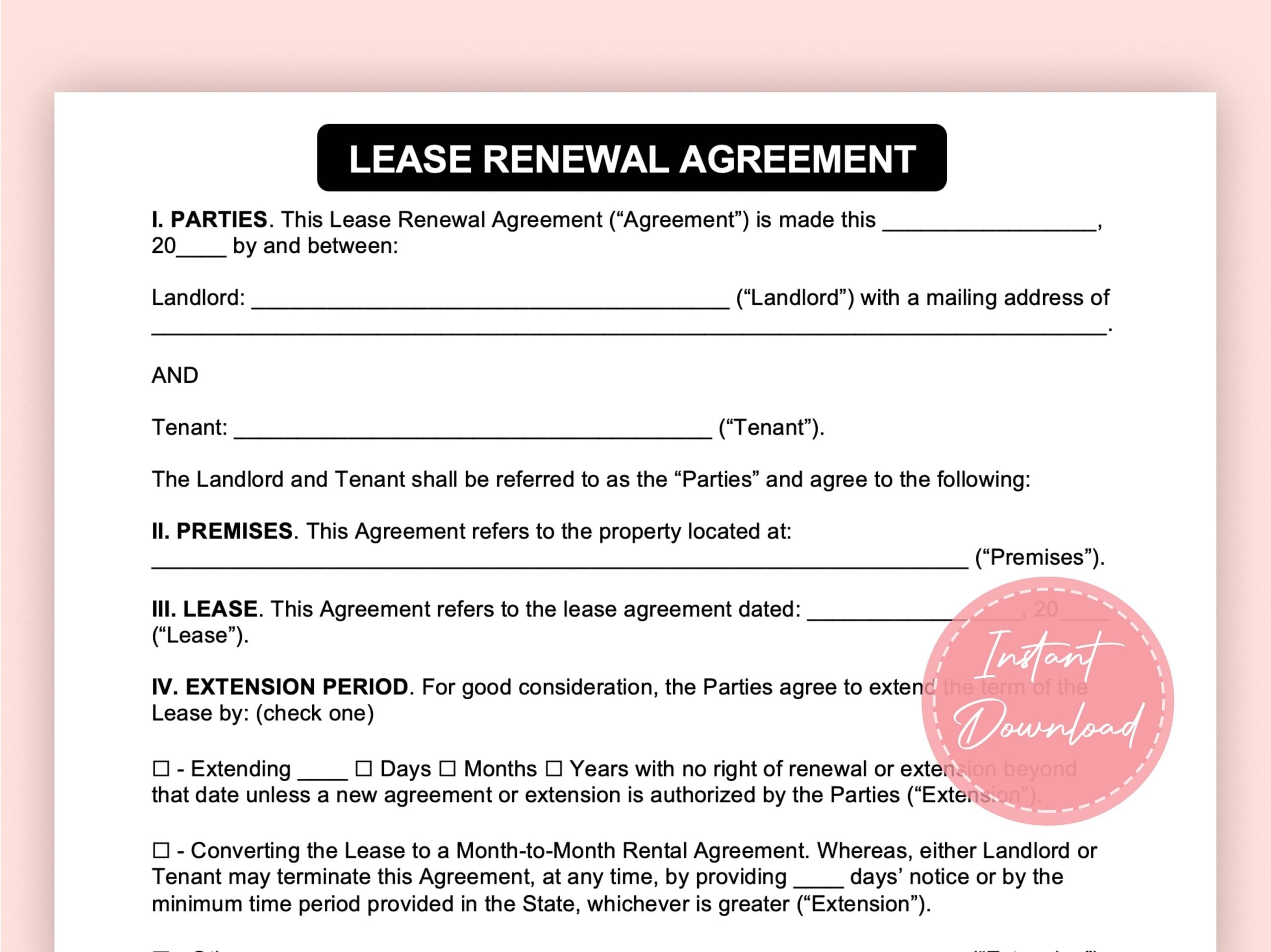 Lease Renewal Agreement Lease Extension Contract Editable Microsoft Word Instant Download A4 Etsy