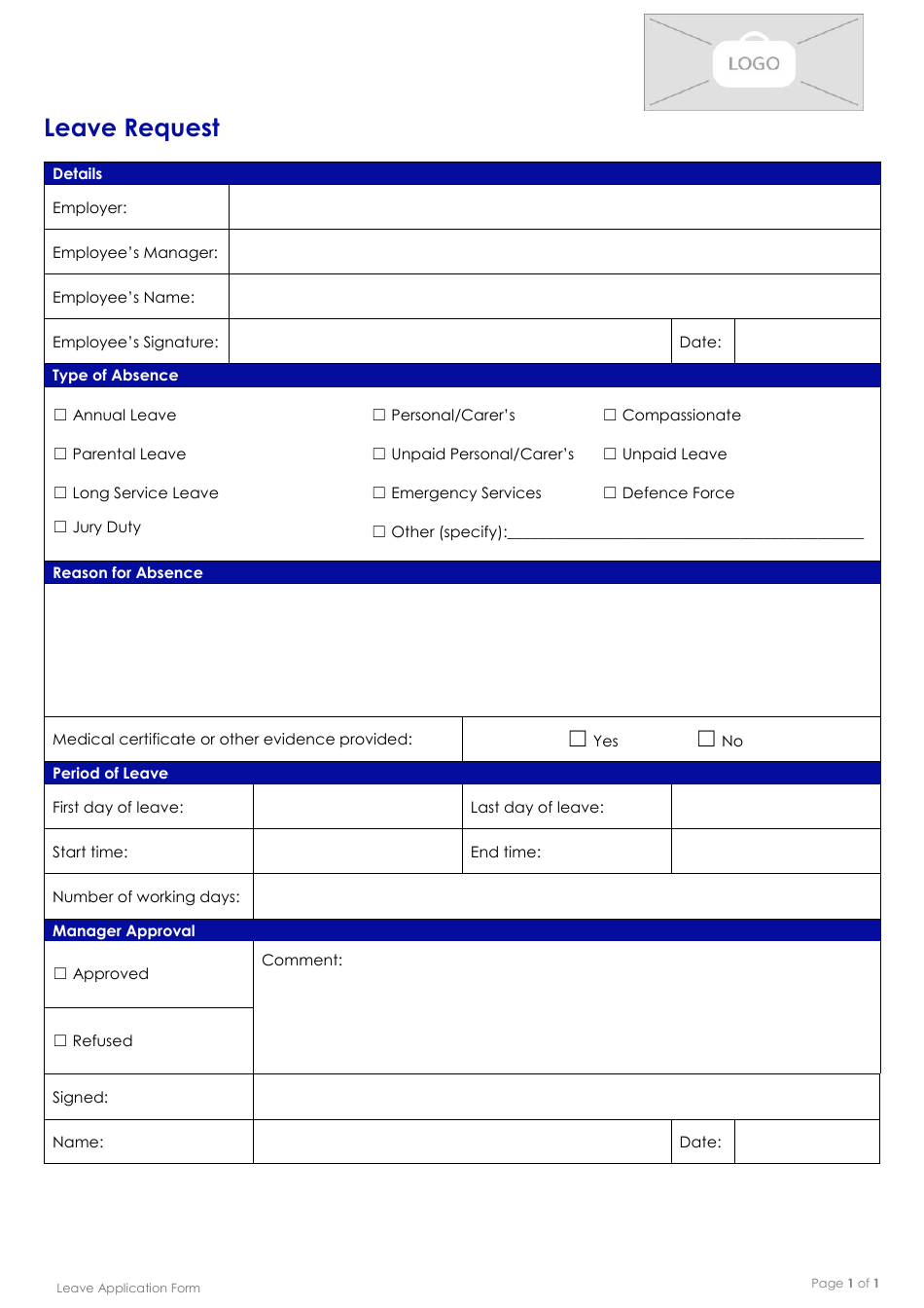 Leave Application Form Blue Fill Out Sign Online And Download PDF Templateroller
