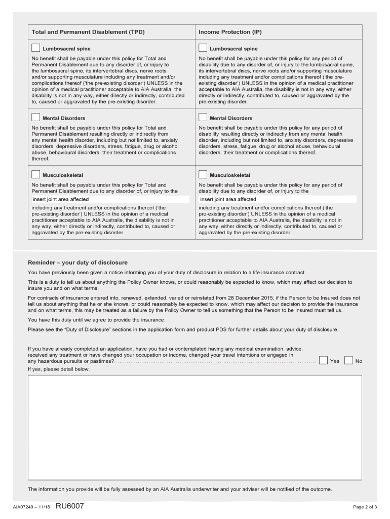 Life Insurance Pre assessment Form White Label AIA Australia Fill Out Sign Online DocHub