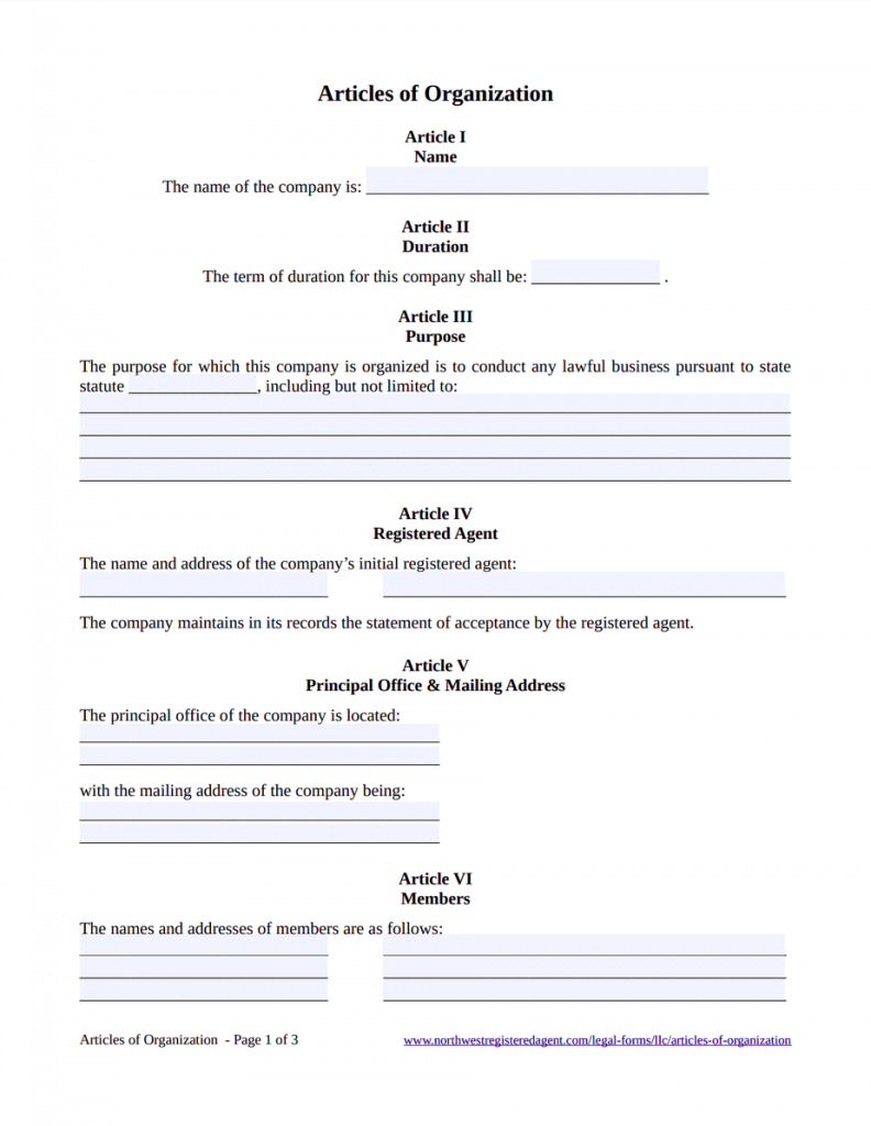LLC Articles Of Organization Free Template