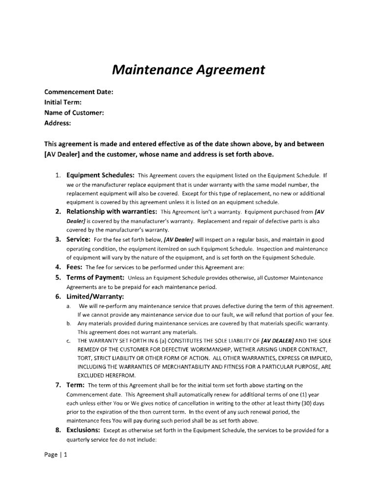 Maintenance Agreement Template In 2021 100 Free 