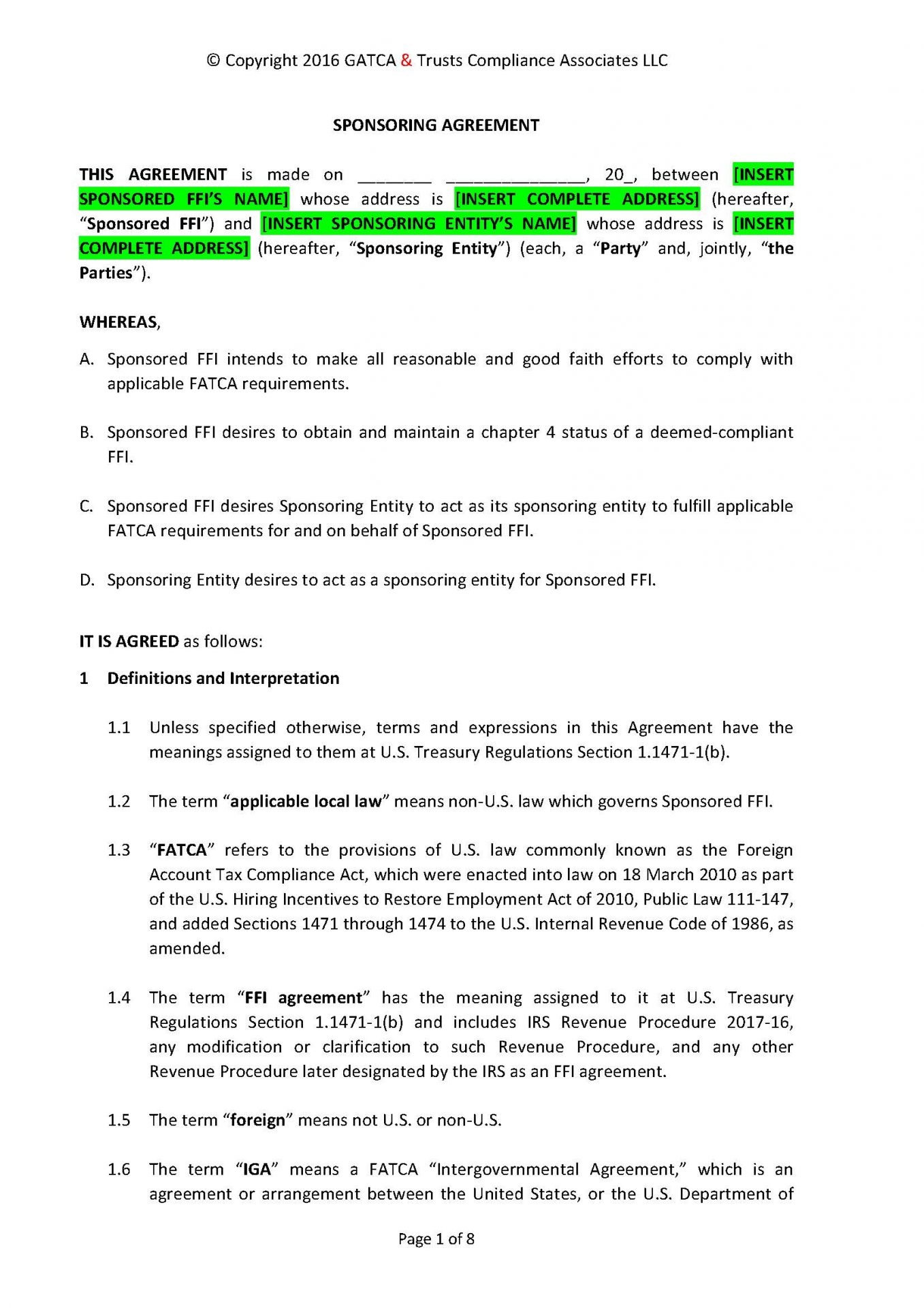 Mandatory Written Sponsorship Agreement external GATCA Trust Compliance Associates LLC