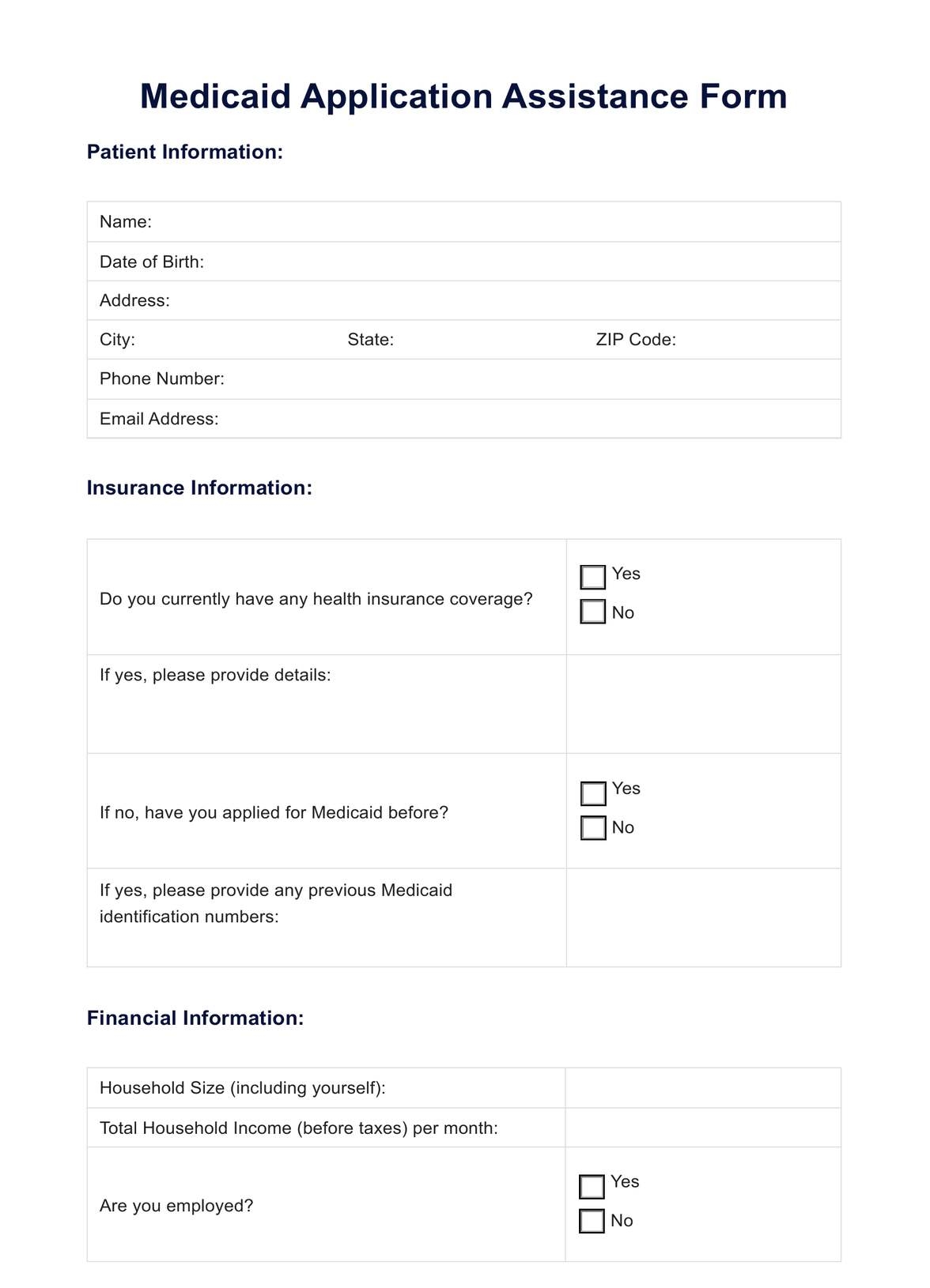 Medicaid Application Form Example Free PDF Download