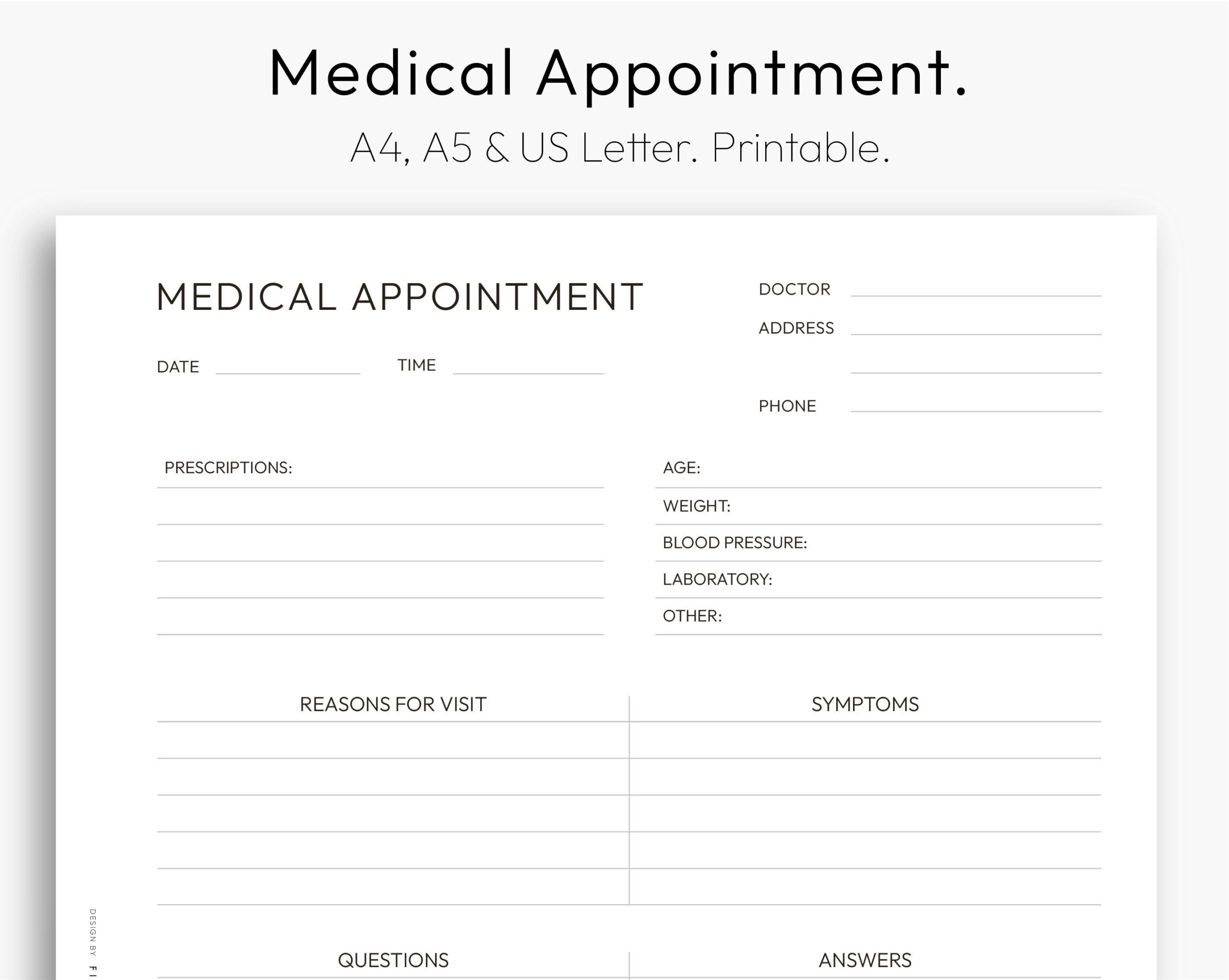 Medical Appointment Doctor s Visit Symptoms Prescriptions Downloadable PDF A4 Letter Etsy