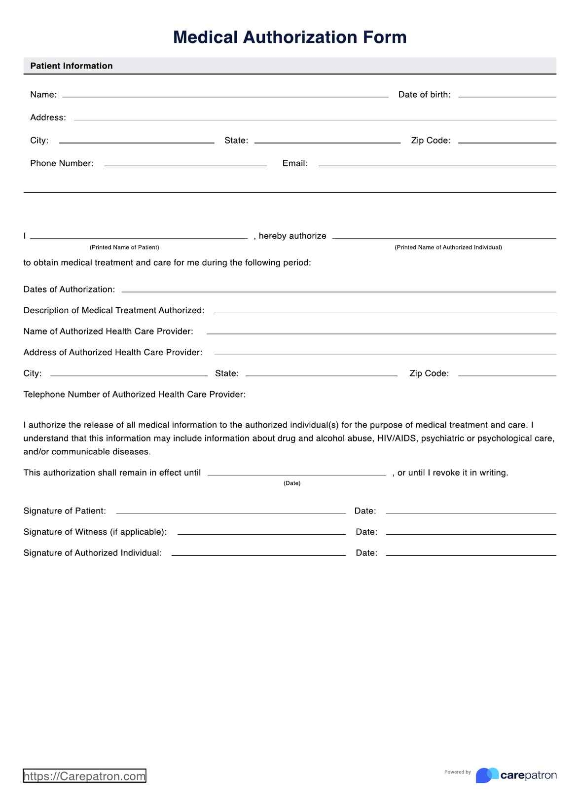 Medical Authorization Form Example Free PDF Download