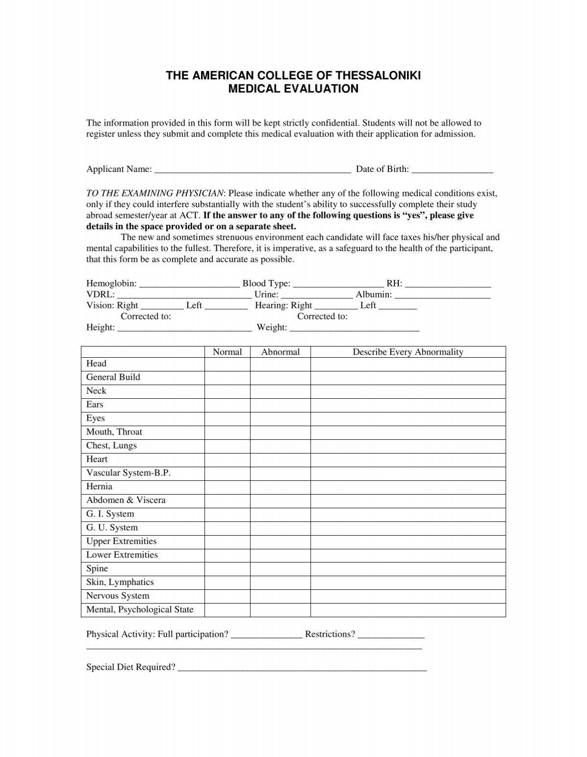 Medical Evaluation Form Signed By Your Physician PDF 