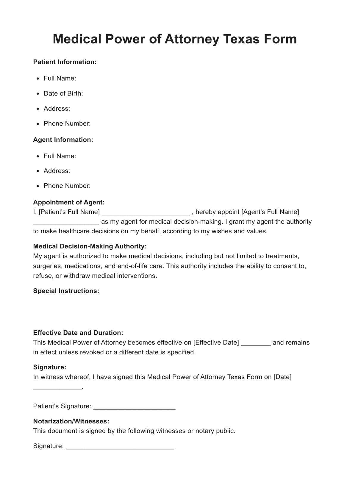 Medical Power Of Attorney Texas Form Example Free PDF Download
