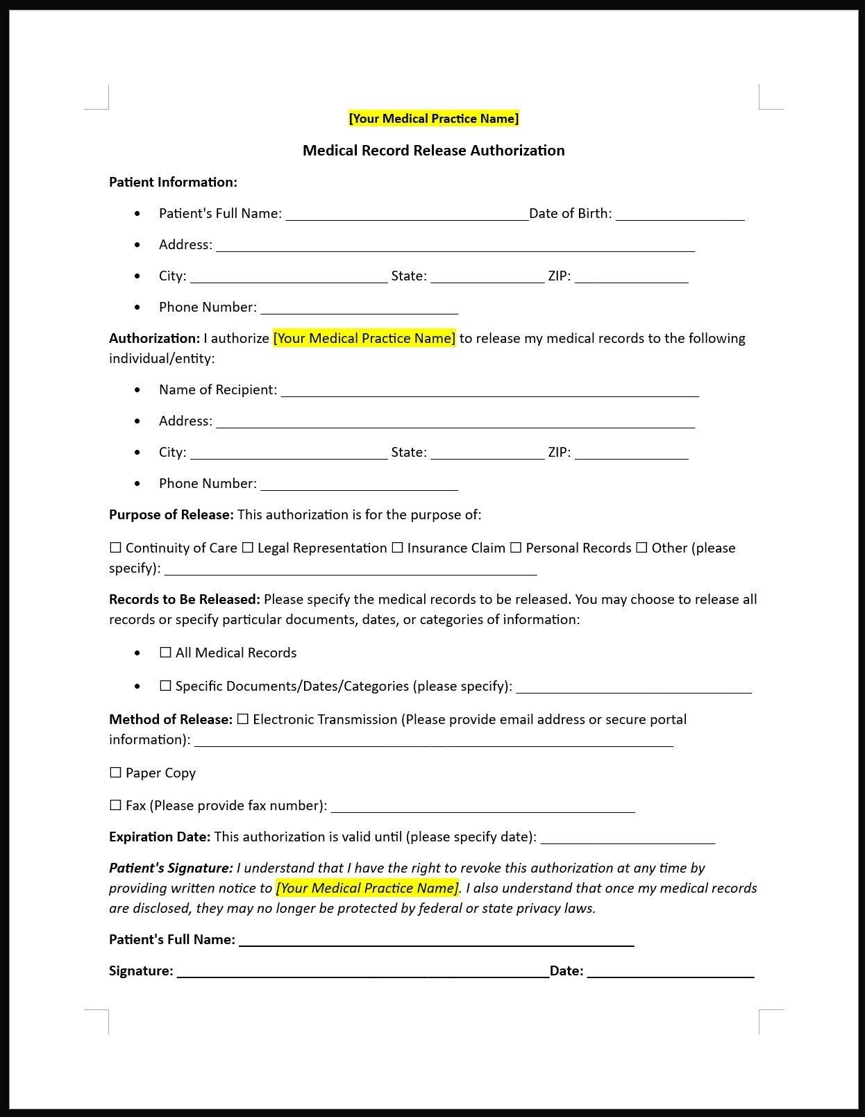 Medical Record Release Form Template Editable Word Doc Printable Etsy